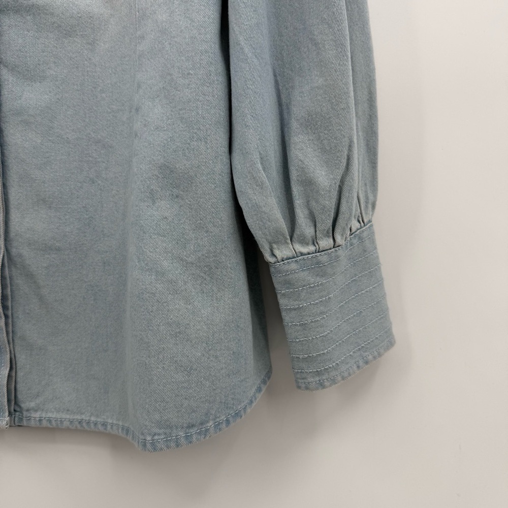 WRANGLER Retro Poet Puff Sleeve Pearl Snap Shirt Denim Rodeo In Light Wash XL - Picture 10 of 15